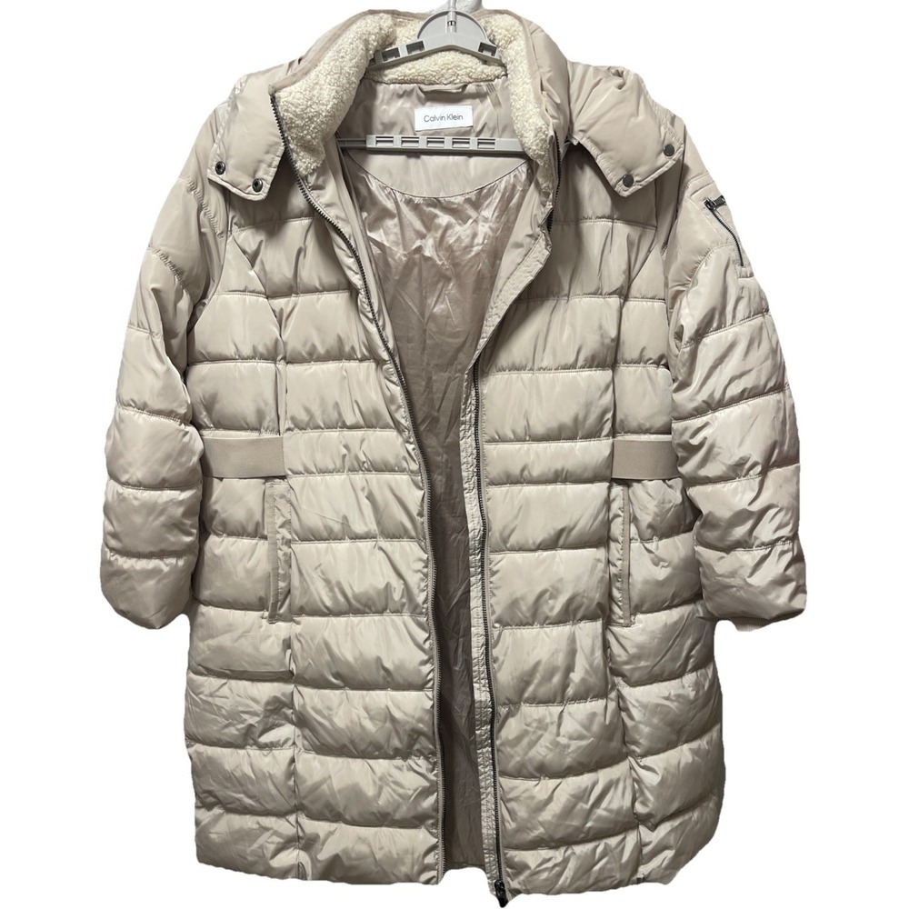 Calvin Klein Womens Hooded Beige Puffer Coat Zip on Hood Faux Fur Size 3X